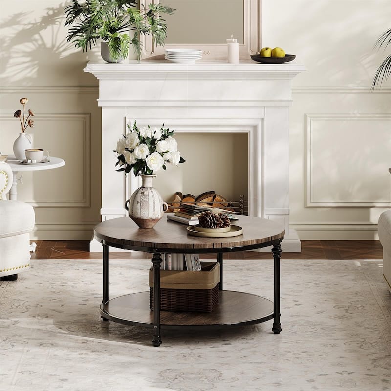 Round Coffee Table, 2 Tier Wooden Coffee Table with Storage, Farmhouse Center Tables