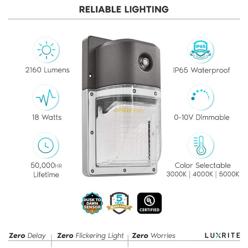 Luxrite 18W LED Wall Pack Light with Photocell, 2160 Lumens, 3 Color Selectable, Dusk to Dawn Wall Light, IP65