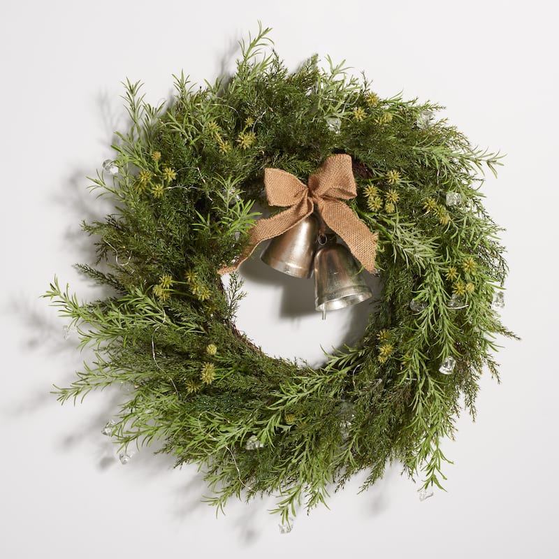 SAFAVIEH Faux 22 Inch Pine Led Wreath W/ Gold Bells - 22"W x 22"D x 6"H