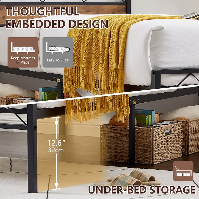 VECELO Vintage Metal Platform Bed Frame with Wood Headboard, Storage Bed, Noise-Free, No Box Spring Needed, Twin/Full/Queen Size