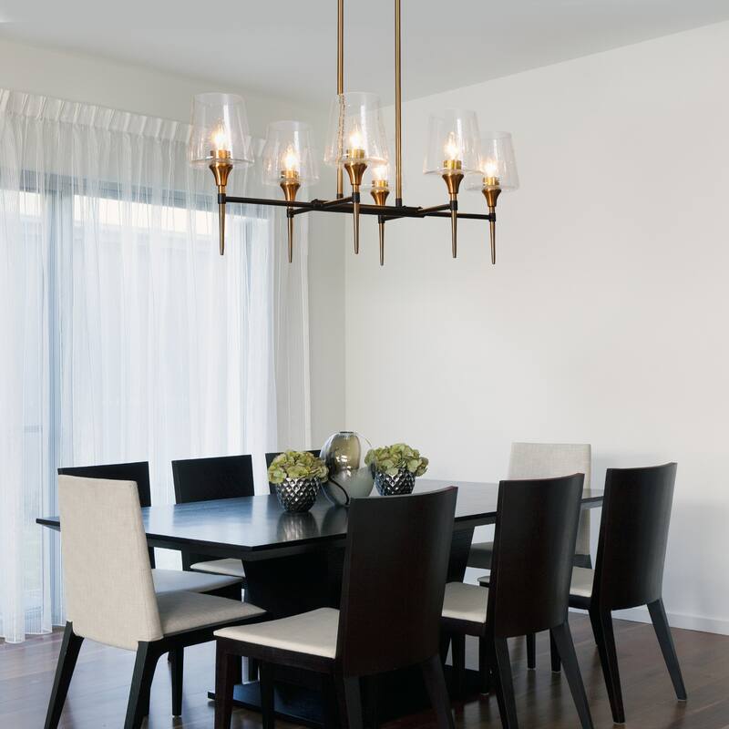 Mid-Century Modern 6-Light Black Gold Linear Chandelier Glass Island Lights for Dining Room