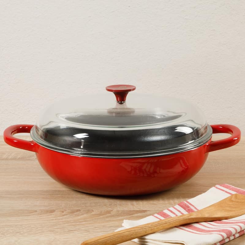 Crock Pot Artisan 5 Quart Cast Iron Braiser Everyday Pan With Borasilicate Lid - Red
