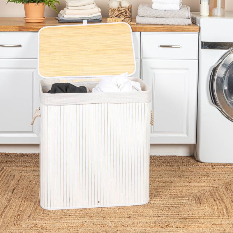 Household Essentials Bamboo Double Laundry Hamper with Rope Handles and Removable Laundry Bag