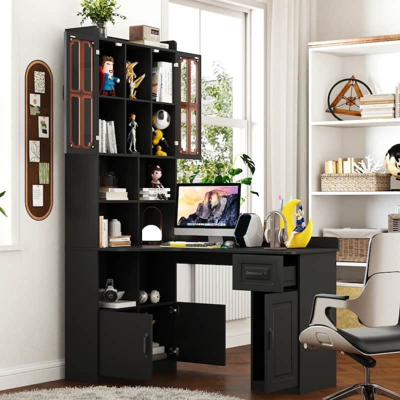 L-Shaped Office Desk – Corner Computer Workstation with Hutch, Bookshelf & Storage Drawers‌ - Black