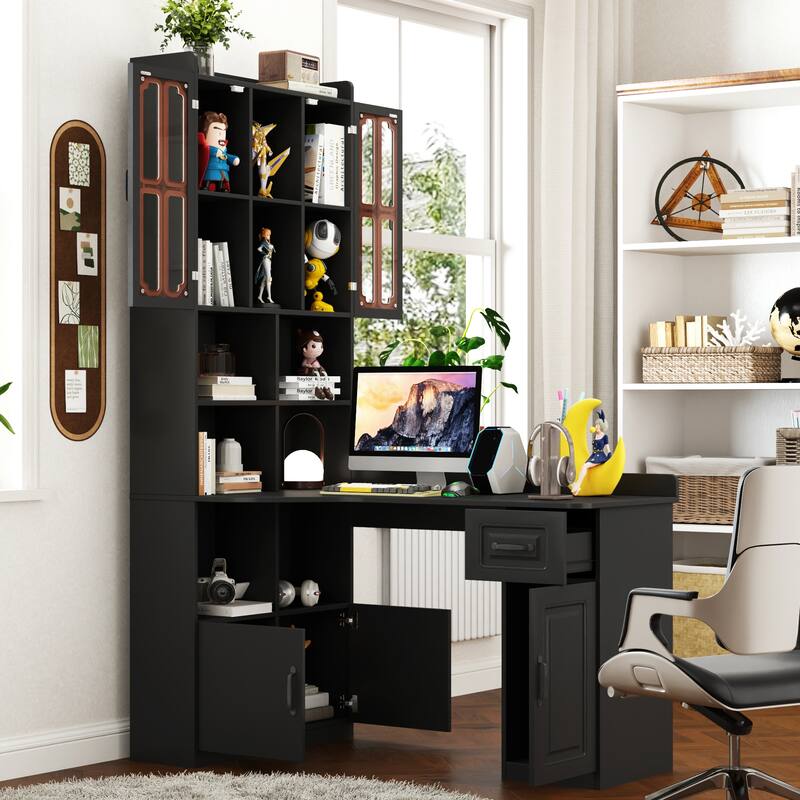 Roomfitters L-Shaped Corner Computer Desk with Hutch, Drawers & Bookshelf, 2-in-1 Home Office Study Table - Black