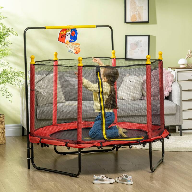 Qaba 4.6' Kids Trampoline with Basketball Hoop, Horizontal Bar, 55" Indoor Trampoline with Net