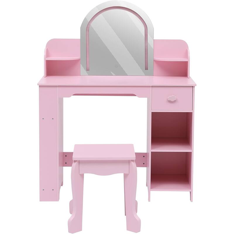 Kids Vanity Set with Lighted Mirror and Stool, 2-in-1 Makeup Tabl, for Girls Ages 3–9 - Pink