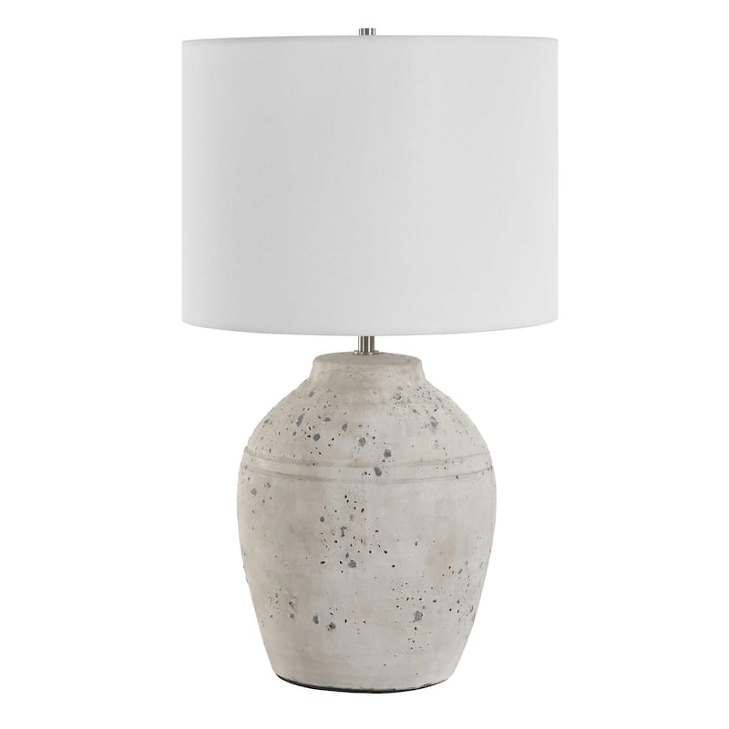 Table Lamp, Round Linen Shade, 24 Inch Distressed White Ceramic Body