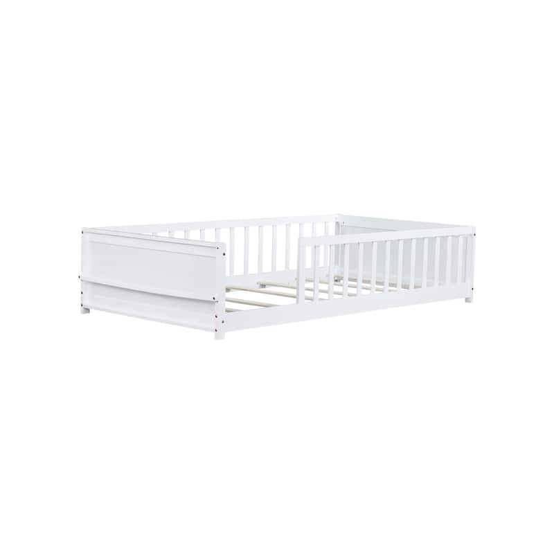 Roomfitters Twin Floor Platform Bed with Built-in Book Rack, Rubber Wood Frame, Low Profile Design with Guardrails