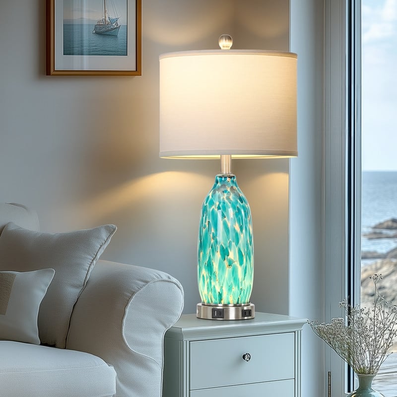 26'' Coastal-Inspired Blue Table Lamp with Dual Lighting & Charging Hub(Set of 2) - 12'' x 12'' x 26'' - Blue - 12'' x 12'' x 26''