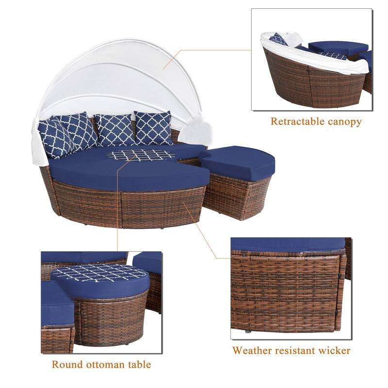 Ledel Wicker Outdoor Daybed 5-piece Sectional Sofa Set With Retractable Canopy and Cushions