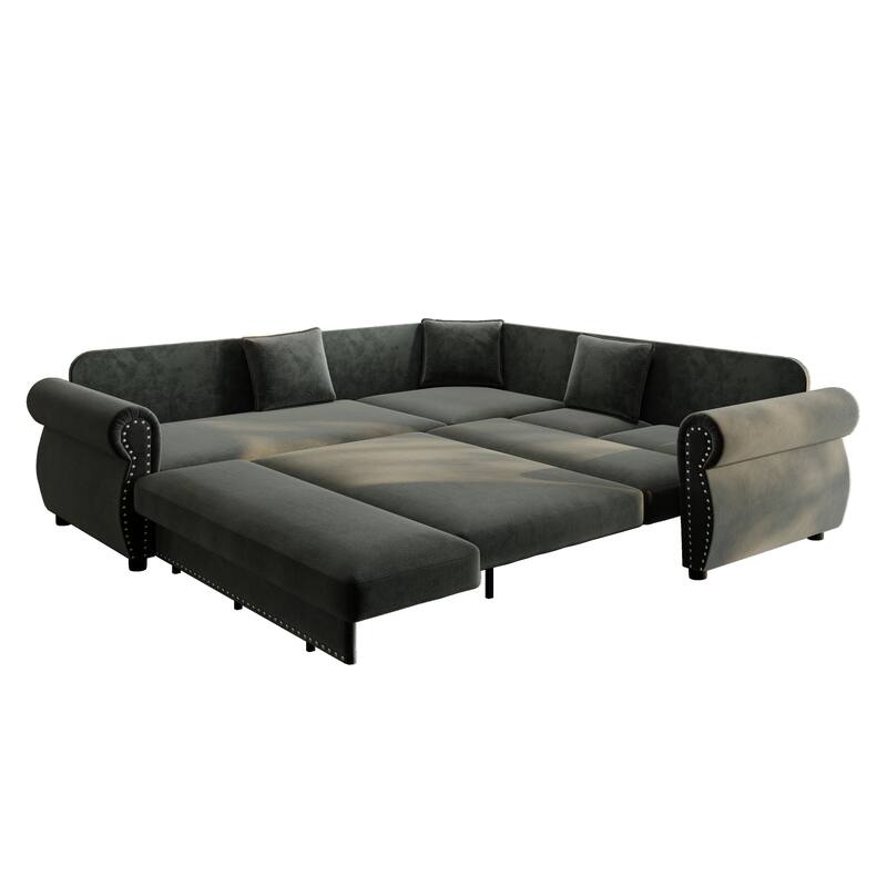 88.2" L-Shaped Sleeper Sectional Sofa with Pull-Out Bed - Chenille Convertible Couch, Nailhead Trim, for Living Room