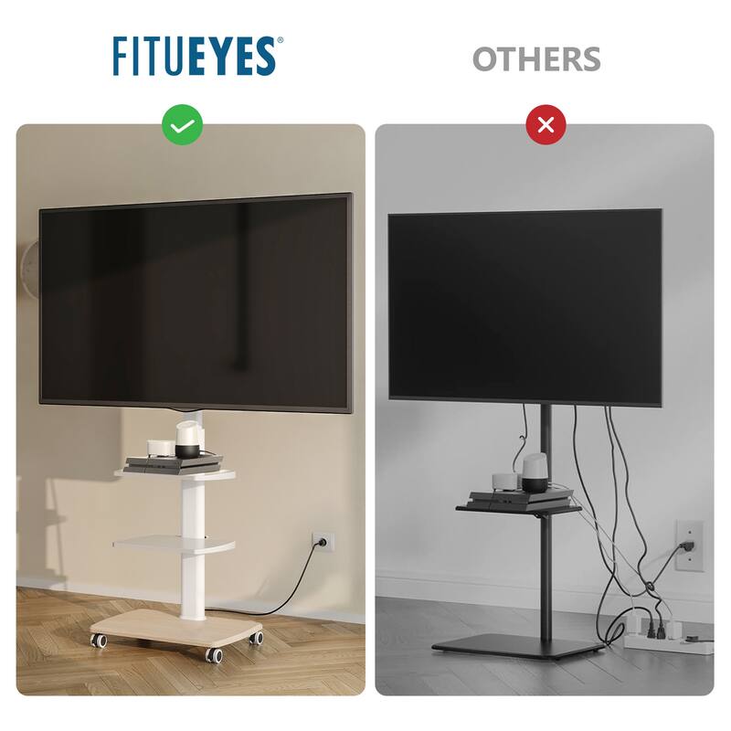 FITUEYES Rolling TV Stand for 32-70 Inch TVs with Power Strip, Height Adjustable with Wheels Wood Base Hold up to 88 lbs