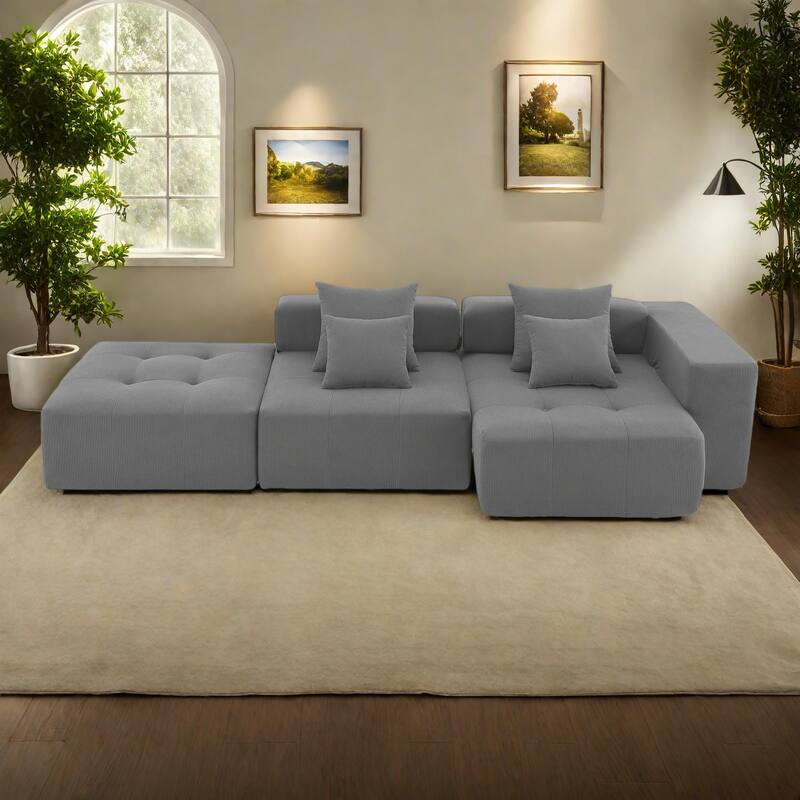 105.5" Corduroy L-Shaped Modular Sectional Sofa with Wide and Deep Seat, Tufted Design, and No Assembly Required - Gray