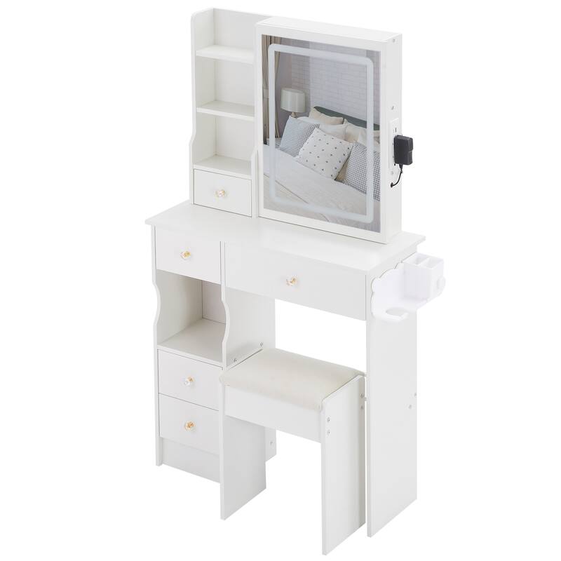 29.2"Small Size Left Drawer Desktop Vanity Table+Cushioned Stool,Hair dryer bracket,Extra Large Touch Control Sliding LED Mirror