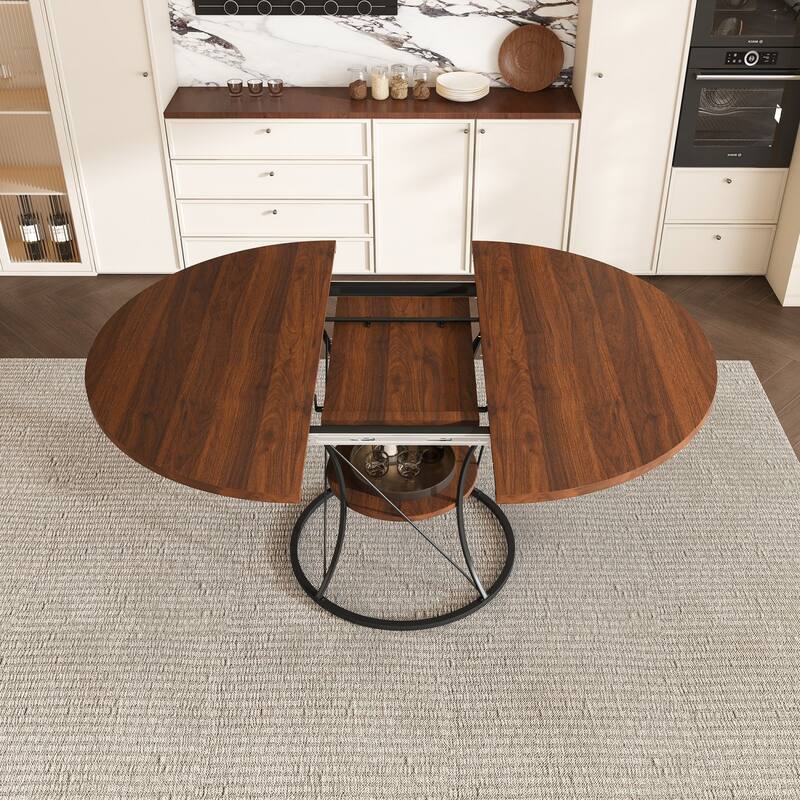 43.31" Round Extendable Wooden Dining Table with Storage Shelf and Metal Base - Brown