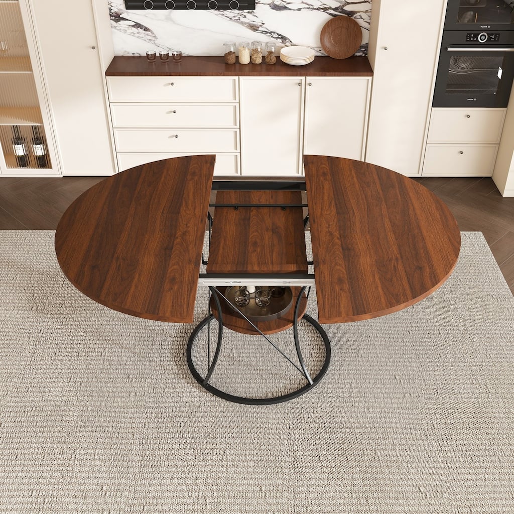 43.31" Round Extendable Wooden Dining Table with Storage Shelf and Metal Base