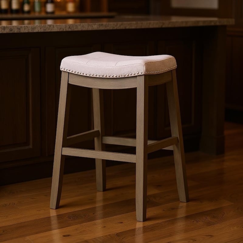 HomeRoots 31" Gray and Cool Gray Fabric and Solid Wood Backless Bar Height Bar Chair - Bar Height - Gray - Single