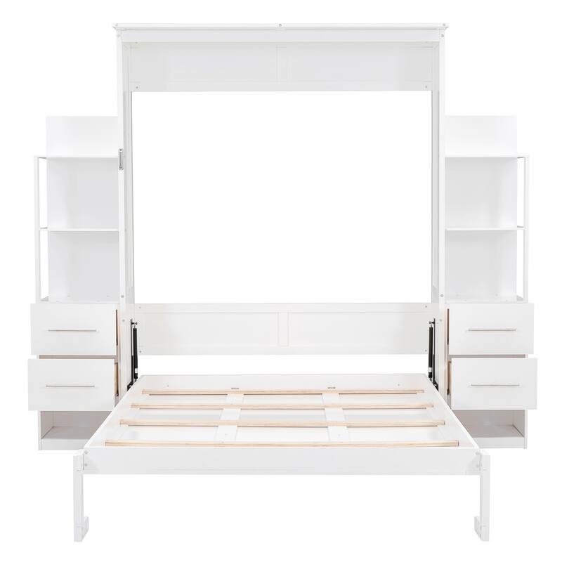 Roomfitters Wall Murphy Bed with Shelves Drawers and LED Lights MDF, White