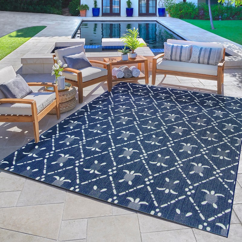 Reyn Spooner Tradewinds Hawaiian Tropical UV Protected Polypropylene Flatweave Indoor/ Outdoor Area Rug Collection - 6'6"x9'6" - Nalani Navy - Rectangle