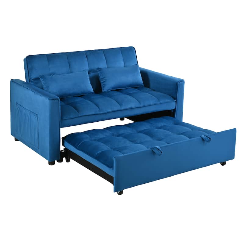 3-in-1 Convertible Loveseat 47.24 in. Velvet Pull-Out Twin Size Sofa Bed with Pocket & Throw Pillow