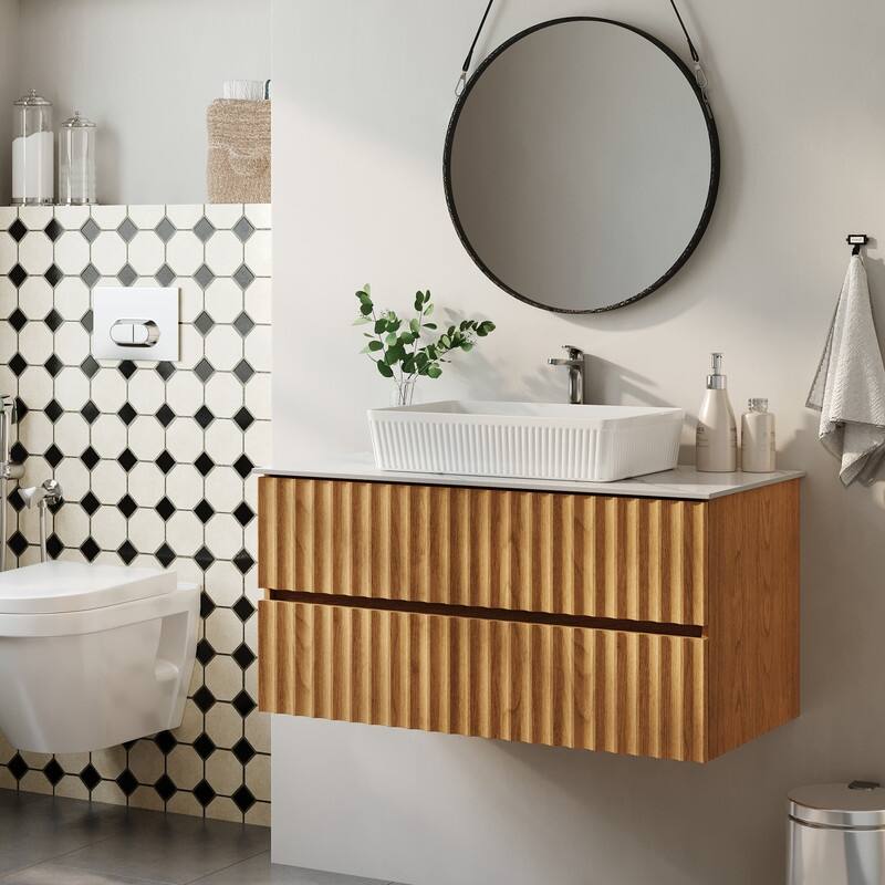 35.43" Floading Single Bathroom Vanities, With 2 Drawers, Glossy Sintered Stone Top, Light Wood