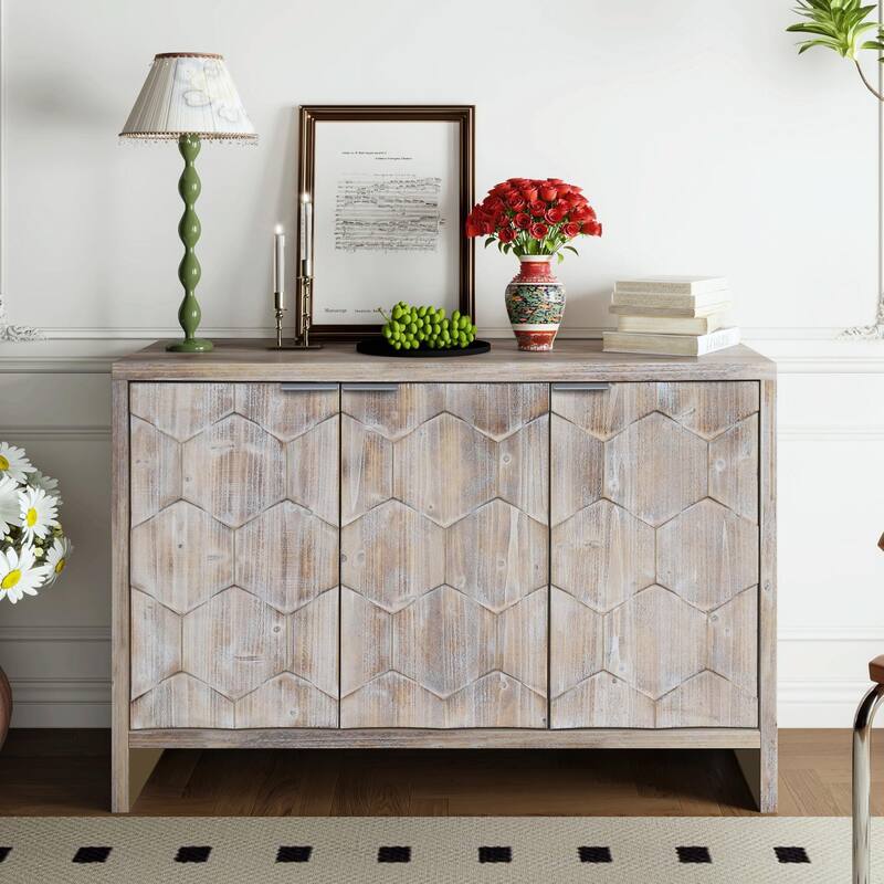 Farmhouse Style 3-Door Wooden Accent Cabinet: Sideboard Buffet Server with Storage - Natural Wood Wash