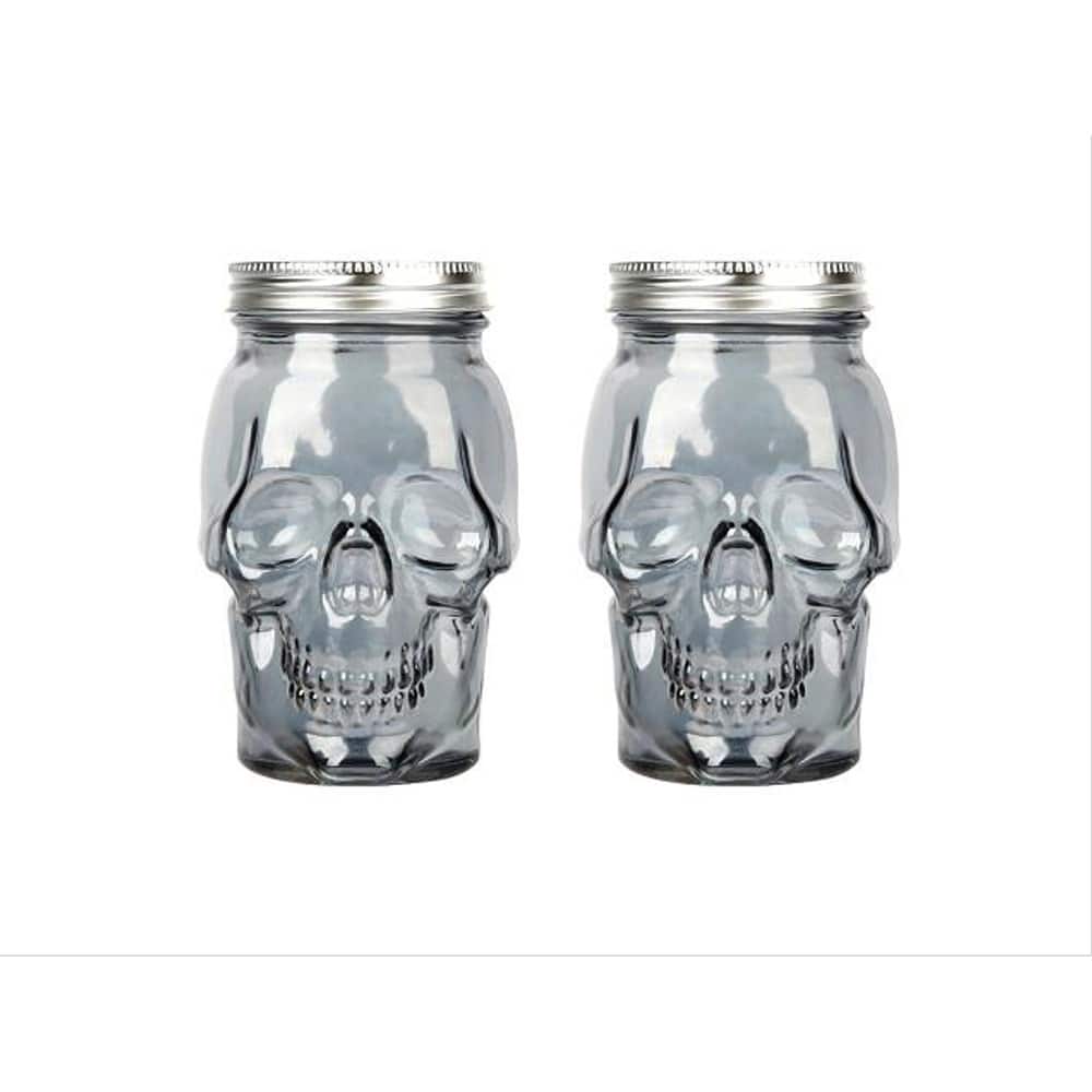 Skull Mason Jar Mug Glass Set (2 Containers & 2 Lids) Halloween Décor, Drinking Glasses, Storage Containers
