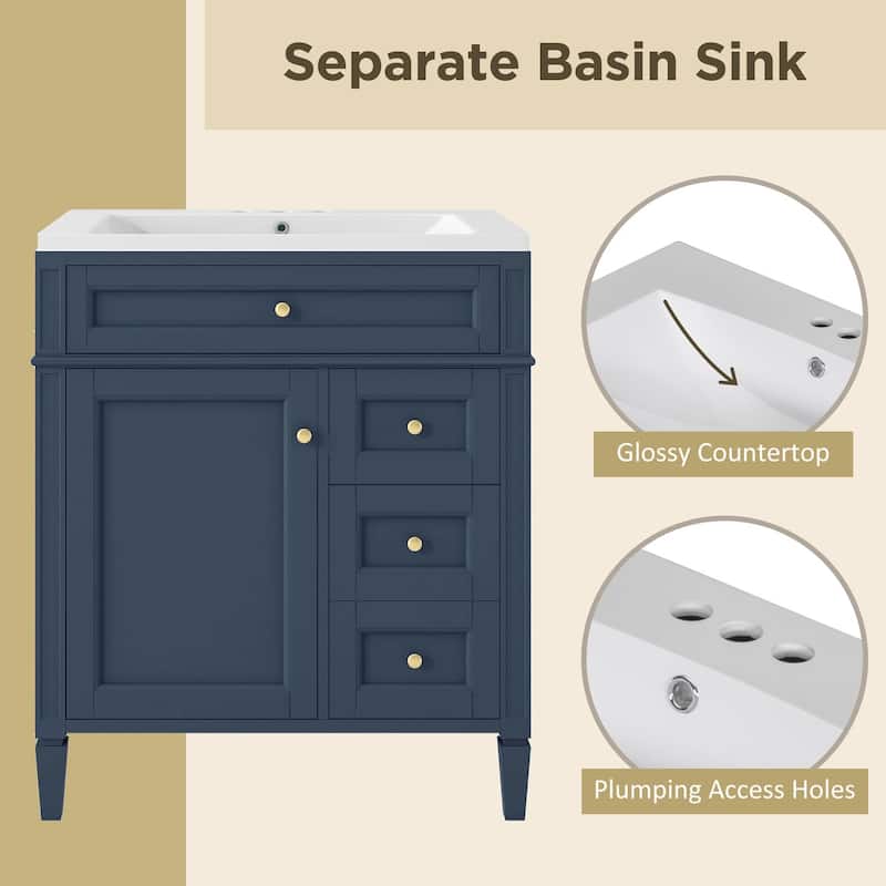 30 inch MDF Freestanding Bathroom Vanity Set with Integrated Sink and Drawers - 30" x 18"