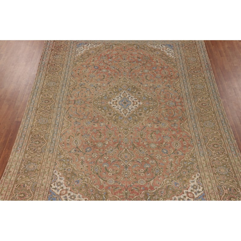 Traditional Mashad Persian Vintage Area Rug Hand-Knotted Wool Carpet - 9'7" x 13'5"