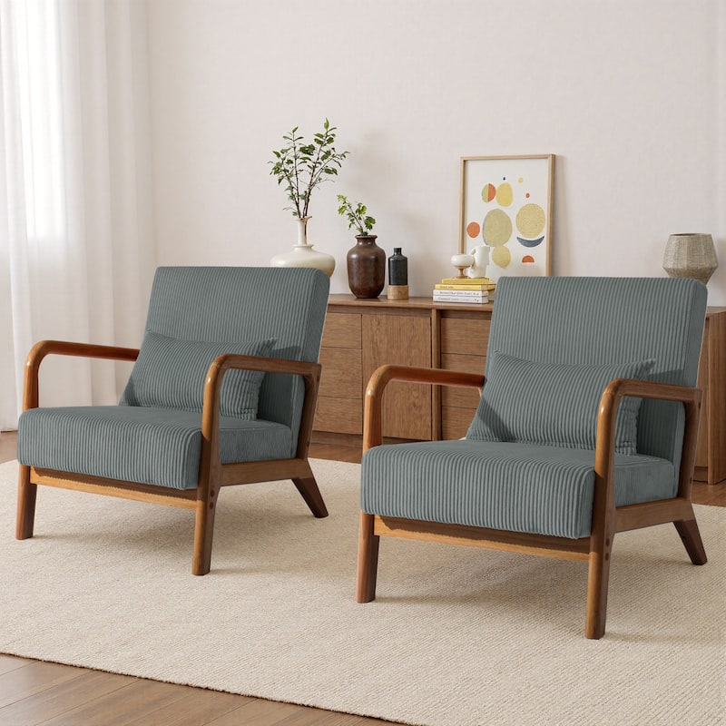 25" W Mid Century Upholstered Wood Accent Chair with Pillow set of 2