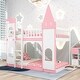 preview thumbnail 2 of 10, Fun Pink Castle Bunk Bed Twin Over Twin Wood Bed with No Slats Floor Bed, Guardrails, Door and Windows for Play or Sleep