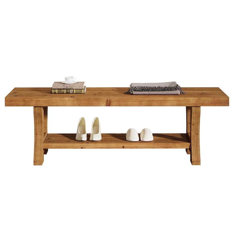 55 Inch Solid Wood Entryway Bench with Shoe Storage, 2-Tier End of Bed Bench Foyer Dining Bench - 55.1" W x 13.8" D x 17.7" H