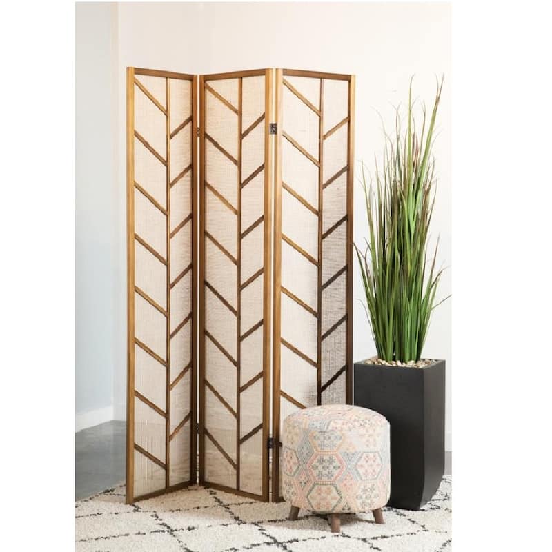 3 Panel Foldable Linen Screen in Walnut Finish