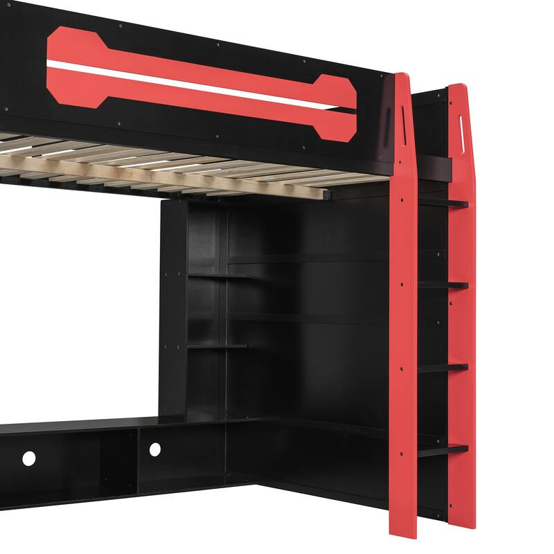 Teens All-in-One Esports Gaming & Work Loft Bed with Built-in RGB Lights, Side Gaming Desk, Console Storage, TV Area and Shelves