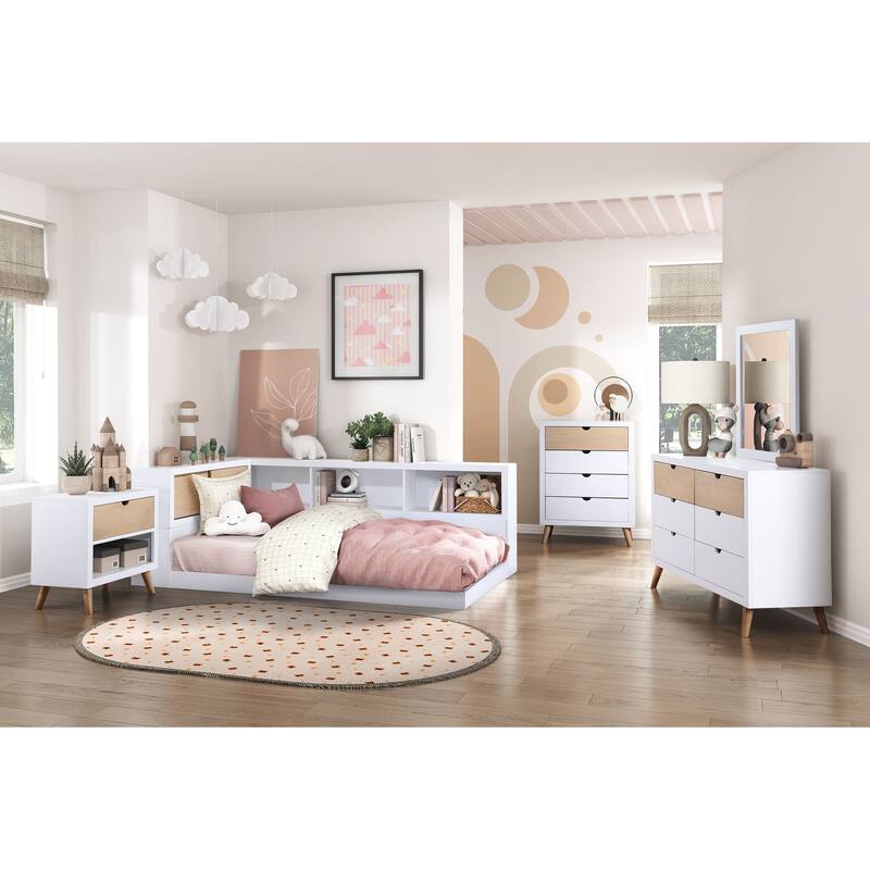 White Twin Bed with Bookcase Headboard, Low Profile Platform, USB Ports, No Mattress Included