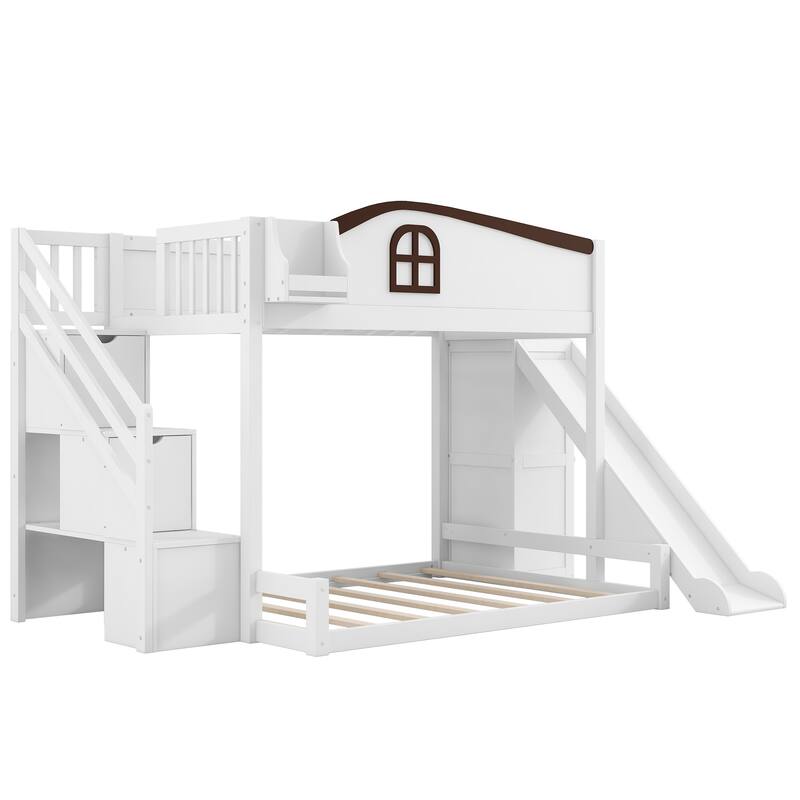 Roomfitters Twin Over Full Bunk Bed with Slide, Wardrobe and Storage Staircase