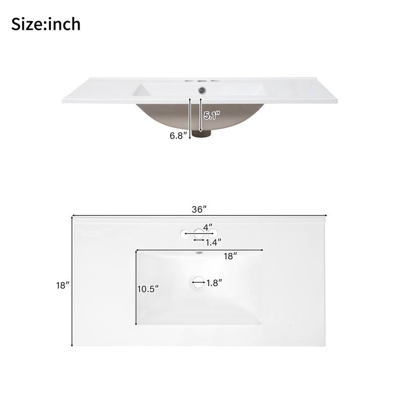 36" Bathroom Vanity with Ceramic Sink, Soft-Close Door, Adjustable Shelf & 3 Drawers