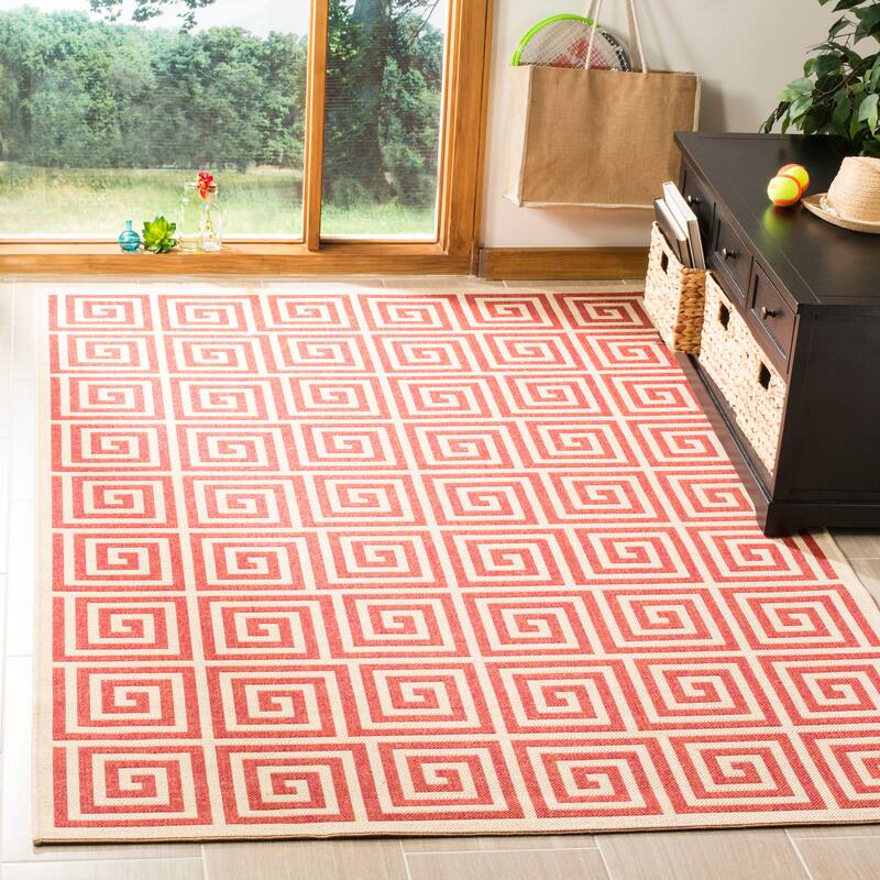 SAFAVIEH Linden Cathy Indoor/ Outdoor Waterproof Patio Backyard Rug - 5'3" x 7'6" - Red/Creme