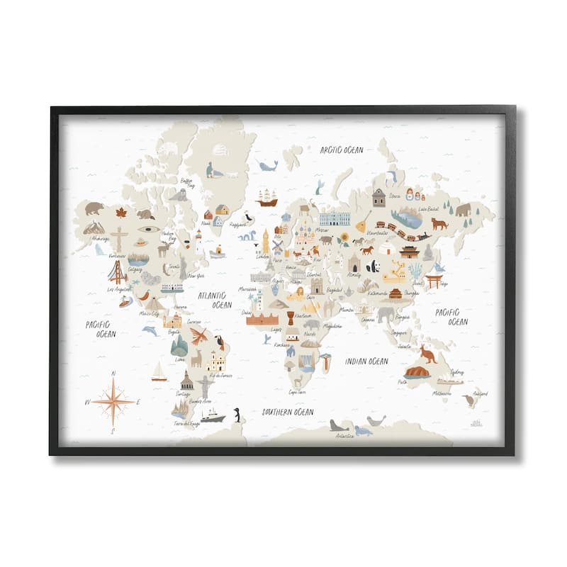 Stupell World Map of Destination Illustrations Soft Brown Tones Framed Wall Art - 30 x 24 - Black