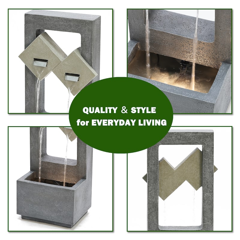 Cascading Grey Resin Rectangular Outdoor Fountain with LED Lights