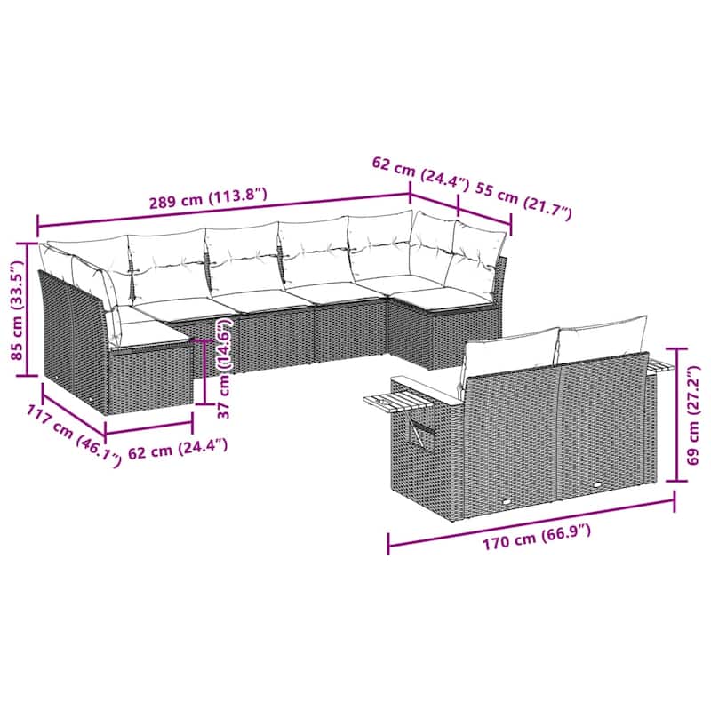 vidaXL Patio Sofa Set with Cushions Outdoor Conversation Furniture Poly Rattan - 24.4 x 33.5 x 27.2 in