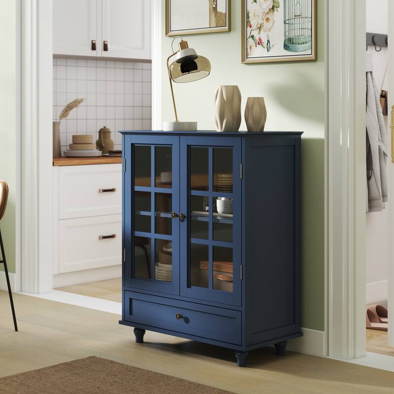Buffet Cabinet with 2 Glass Doors & Drawer, Multifunctional Wooden Storage Cabinet, Coffee Bar Table with Adjustable Shelf - Blue