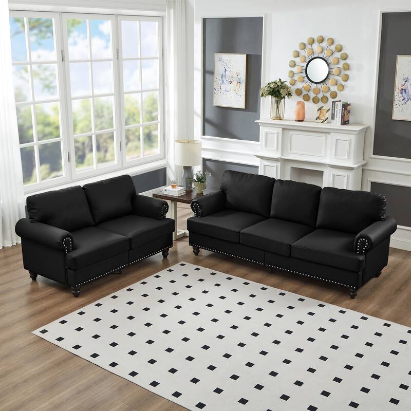 Roomfitters Modern Classic 2+3 Seater Sofa Set with Nailhead Trim, Upholstered Faux Leather Loveseat & Couch for Living Room - Black
