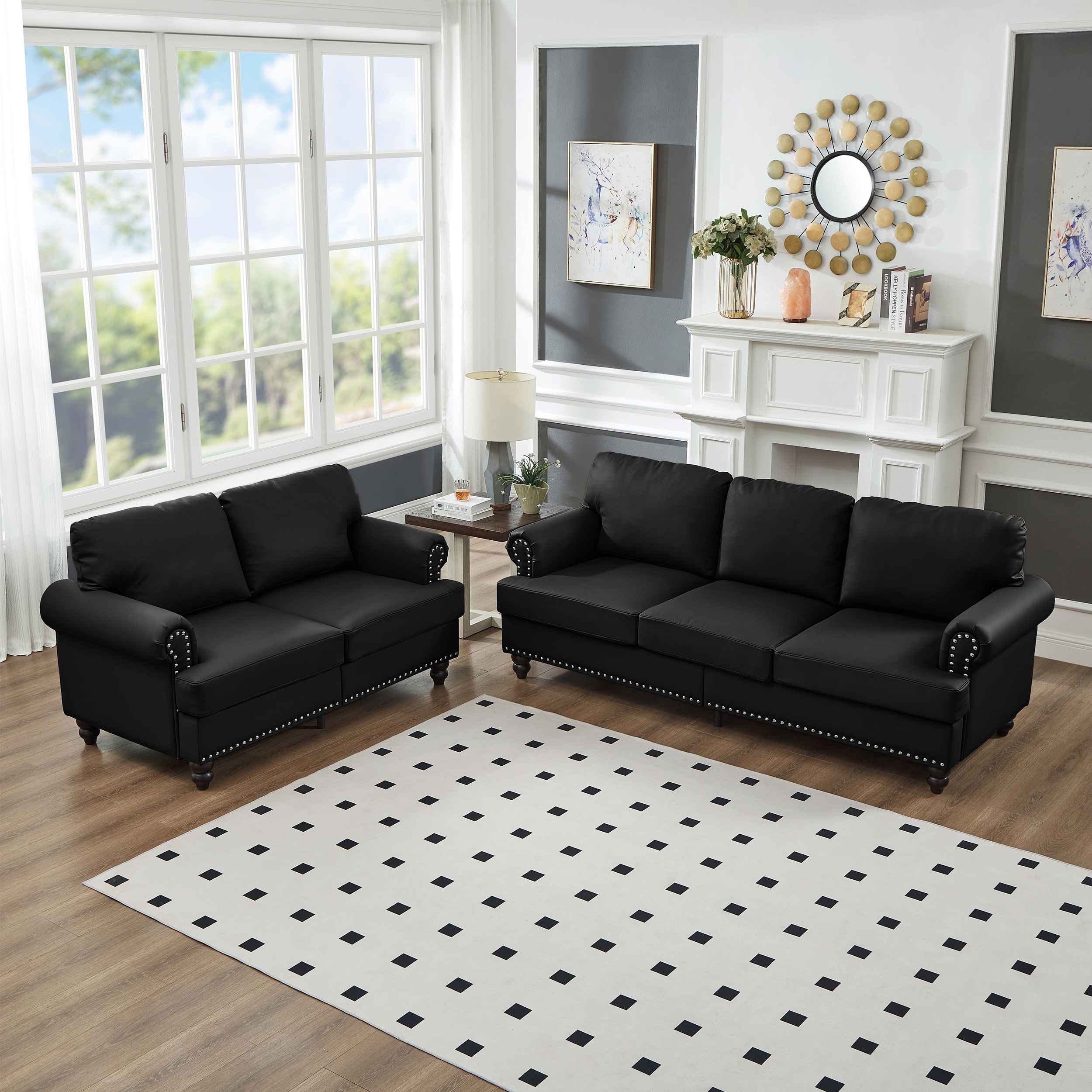 Roomfitters Modern Classic 2+3 Seater Sofa Set with Nailhead Trim, Upholstered Faux Leather Loveseat & Couch for Living Room