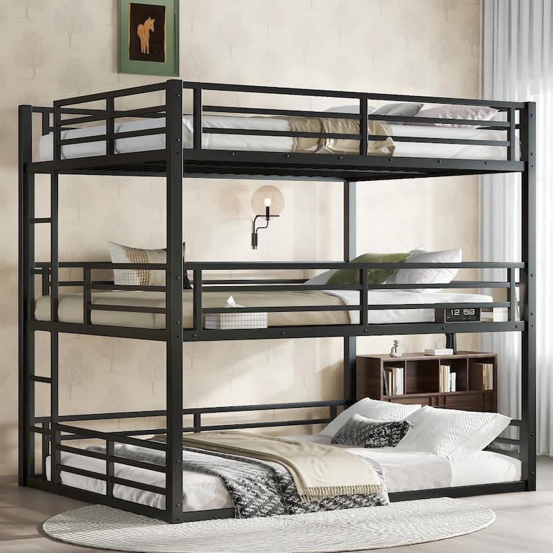 GDFStudio - Fillip Metal Triple Bunk Bed with Guardrails & Noise-Reduced Heavy-Duty Frame - Black + Queen/Full XL/ Queen - Queen