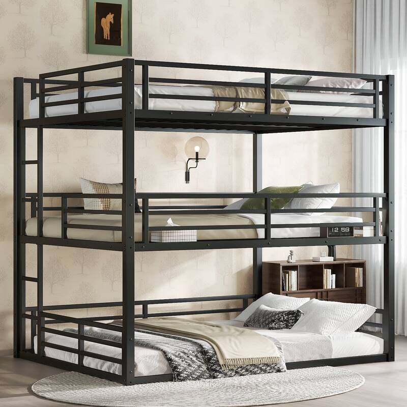 Queen over Full XL over Queen Metal Triple Bunk Bed Safety Guardrails Noise reduced Black - Black