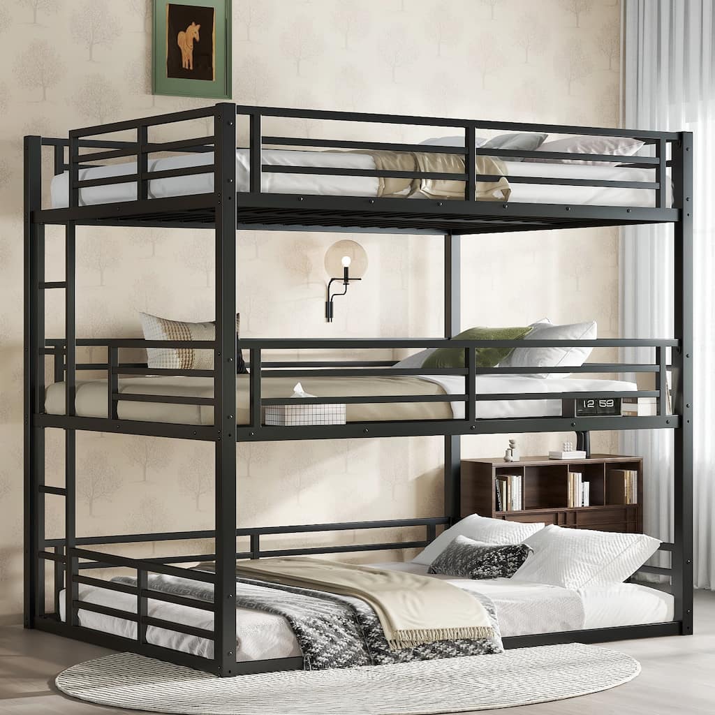 Queen over Full XL over Queen Metal Triple Bunk Bed Safety Guardrails Noise reduced Black