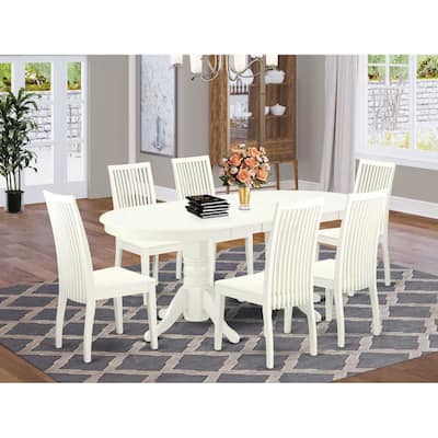 Kitchen Dining Set 7 Piece - Oval Table with Butterfly Leaf & 6 Chairs - 40x76 Inch - Linen White