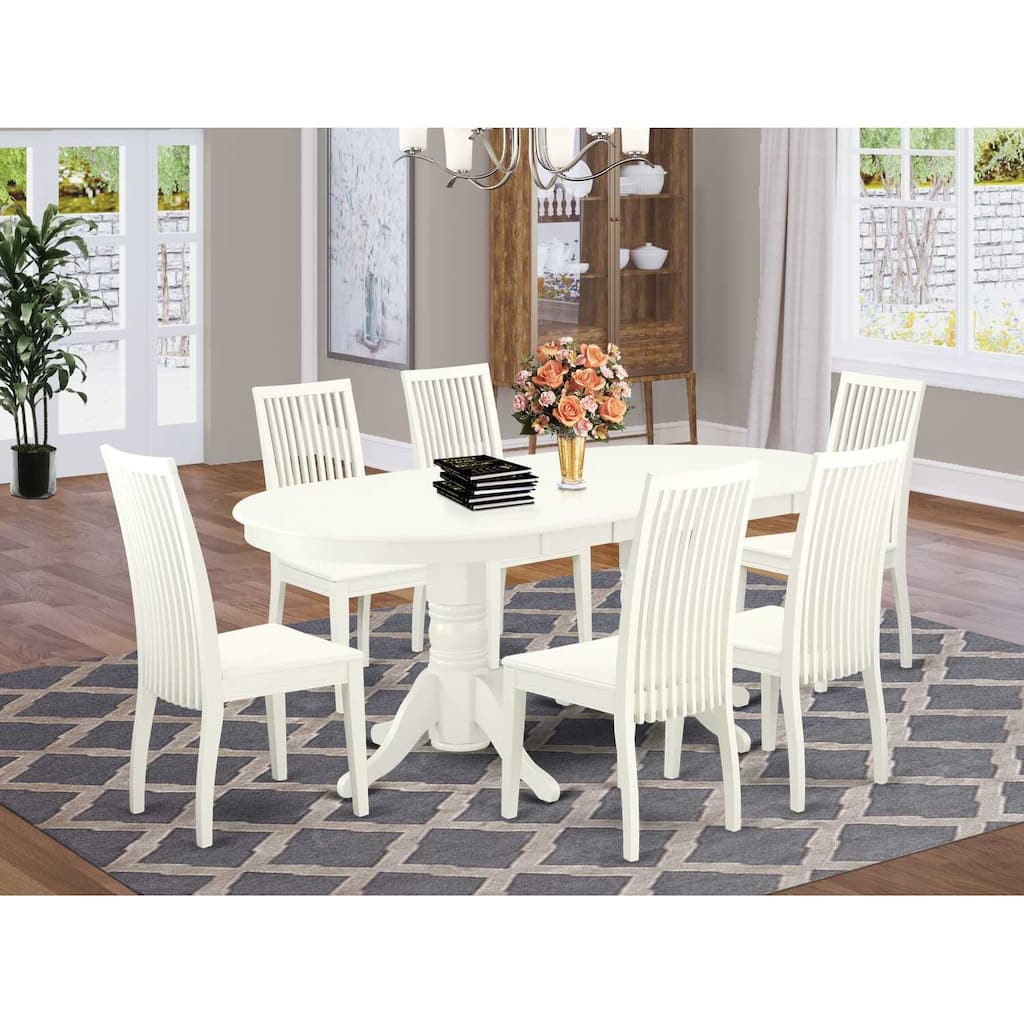 Kitchen Dining Set 7 Piece - Oval Table with Butterfly Leaf & 6 Chairs - 40x76 Inch - Linen White